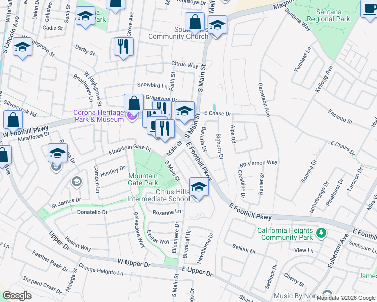map of restaurants, bars, coffee shops, grocery stores, and more near 107 Engelmann Drive in Corona