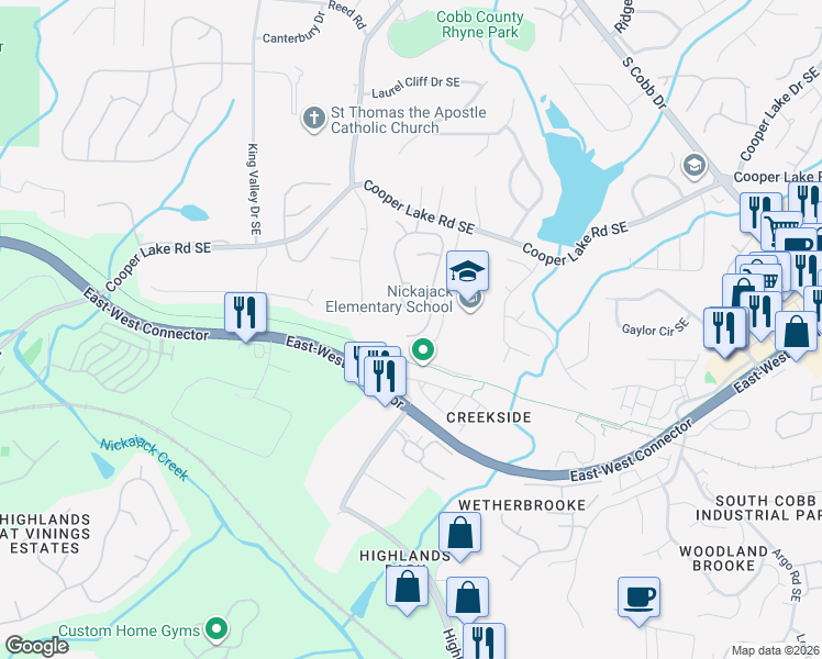 map of restaurants, bars, coffee shops, grocery stores, and more near 2107 Berryhill Circle Southeast in Smyrna