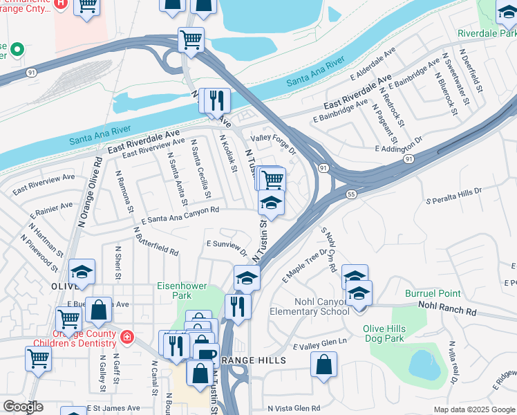 map of restaurants, bars, coffee shops, grocery stores, and more near 101 North Tustin Avenue in Anaheim