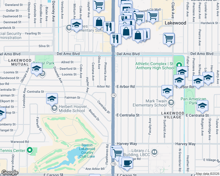 map of restaurants, bars, coffee shops, grocery stores, and more near 4657 Lakewood Boulevard in Lakewood