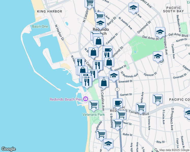 map of restaurants, bars, coffee shops, grocery stores, and more near in Redondo Beach