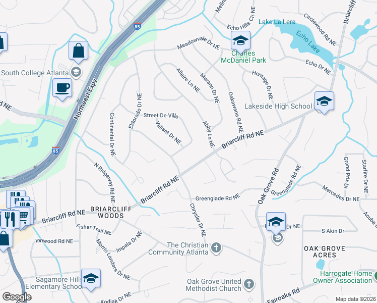 map of restaurants, bars, coffee shops, grocery stores, and more near 2322 Street De Ville in Atlanta