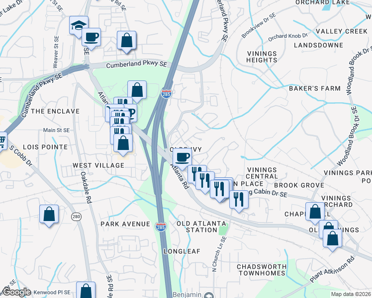 map of restaurants, bars, coffee shops, grocery stores, and more near 4736 Ivy Ridge Drive Southeast in Atlanta