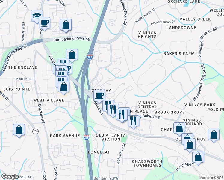 map of restaurants, bars, coffee shops, grocery stores, and more near 4784 Ivy Ridge Drive Southeast in Atlanta