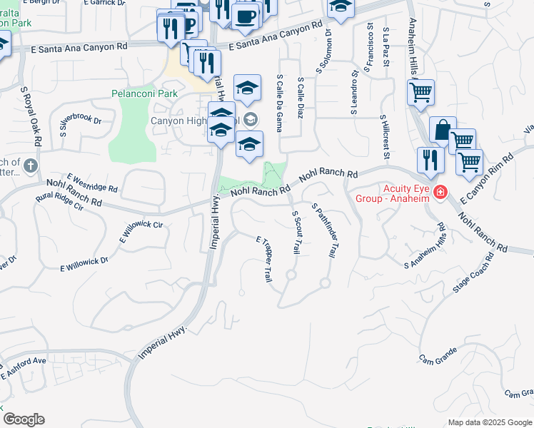 map of restaurants, bars, coffee shops, grocery stores, and more near 5801 East Prospector Circle in Anaheim
