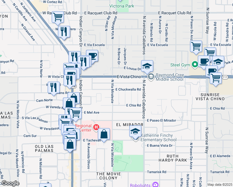 map of restaurants, bars, coffee shops, grocery stores, and more near 1481 North Fiesta Road in Palm Springs