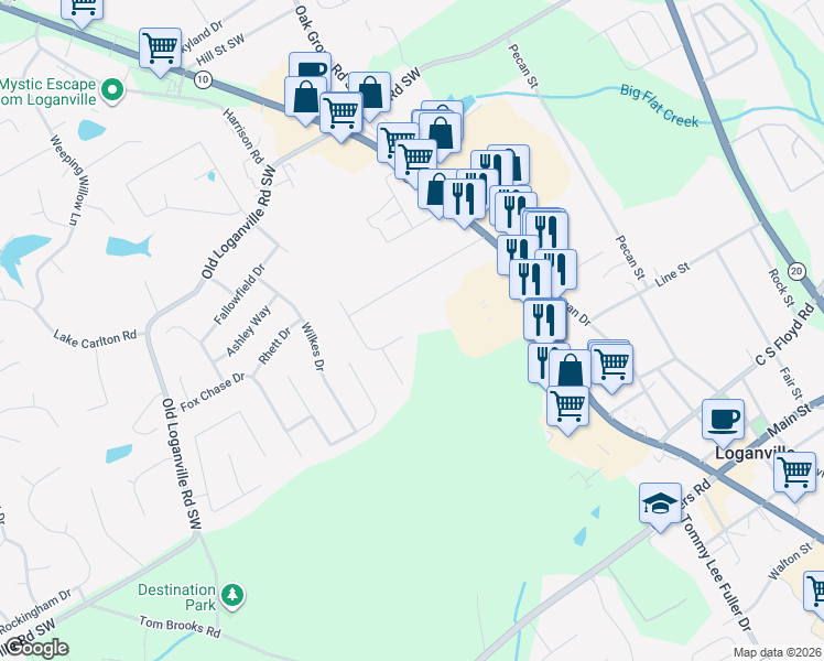 map of restaurants, bars, coffee shops, grocery stores, and more near 231 Randy Road Southwest in Loganville