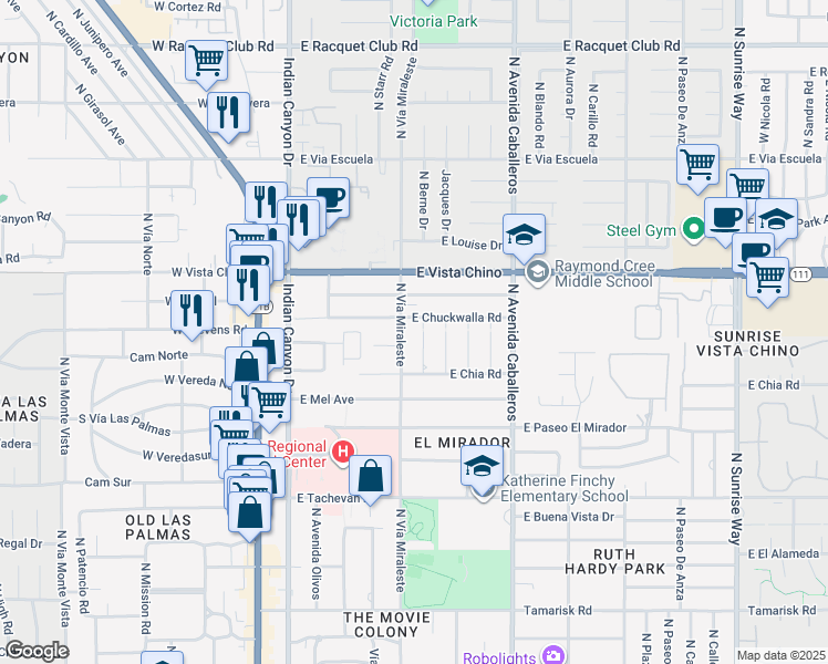 map of restaurants, bars, coffee shops, grocery stores, and more near 1480 North Vía Miraleste in Palm Springs