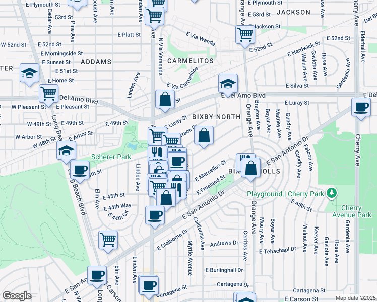 map of restaurants, bars, coffee shops, grocery stores, and more near 4606 California Avenue in Long Beach
