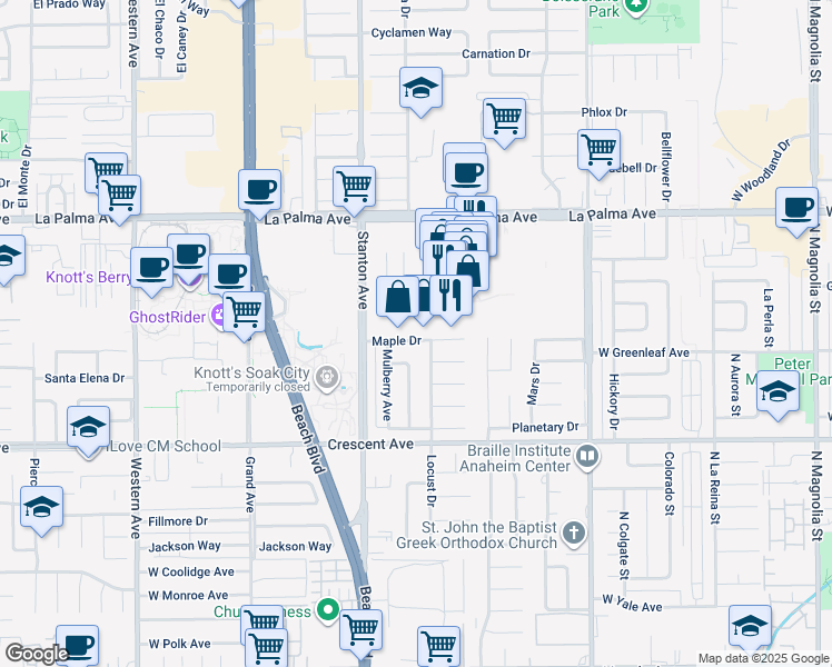 map of restaurants, bars, coffee shops, grocery stores, and more near 8123 Maple Drive in Buena Park