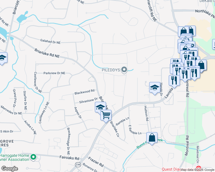 map of restaurants, bars, coffee shops, grocery stores, and more near 2021 Silvastone Drive in Atlanta