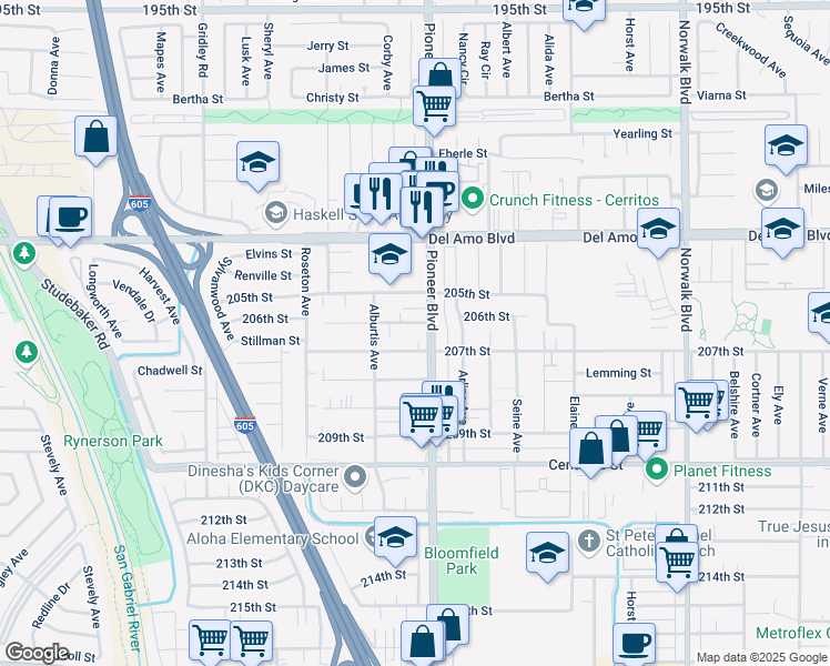 map of restaurants, bars, coffee shops, grocery stores, and more near 11728 206th Street in Lakewood