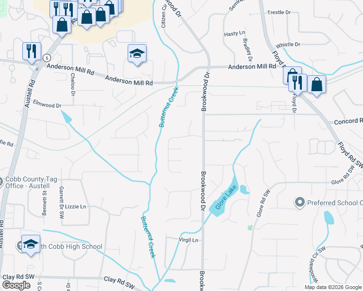map of restaurants, bars, coffee shops, grocery stores, and more near 1354 Foxhall Place in Mableton