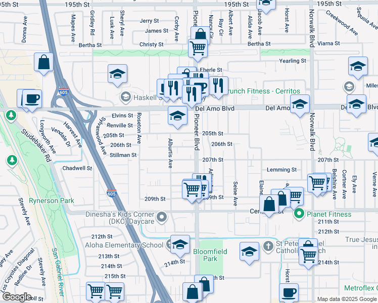 map of restaurants, bars, coffee shops, grocery stores, and more near 11750 206th Street in Lakewood