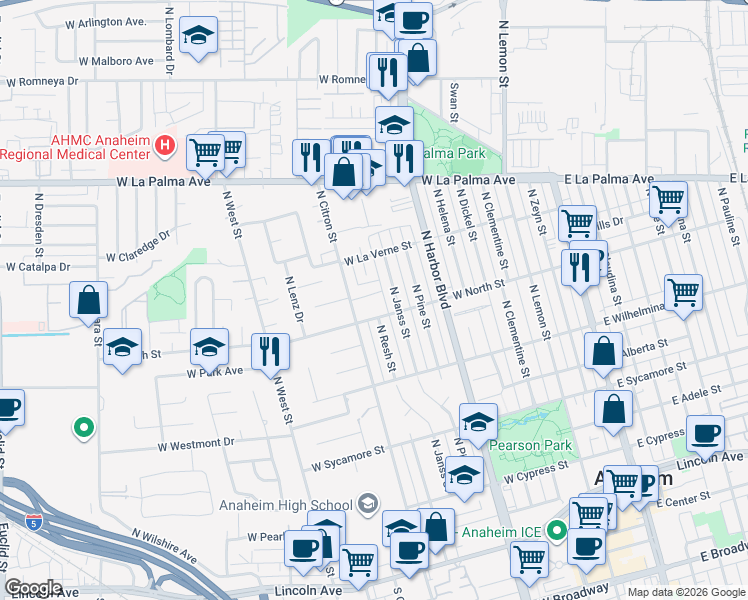 map of restaurants, bars, coffee shops, grocery stores, and more near 628 West Grafton Place in Anaheim