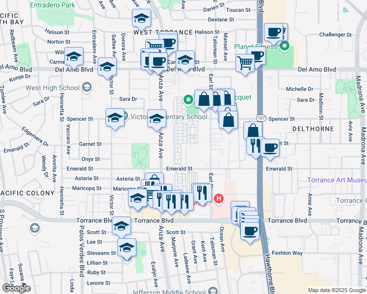 map of restaurants, bars, coffee shops, grocery stores, and more near 20605 Ladeene Avenue in Torrance