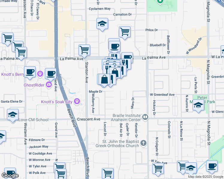 map of restaurants, bars, coffee shops, grocery stores, and more near 8221 Maple Drive in Buena Park
