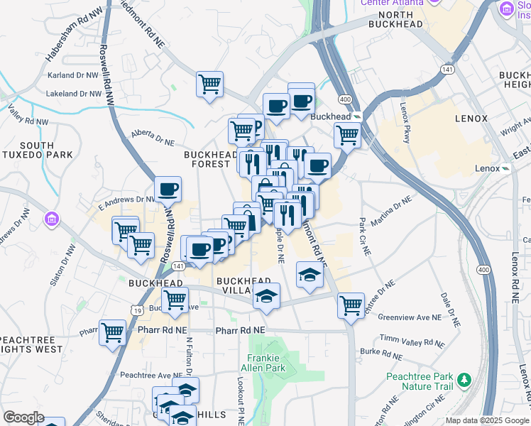map of restaurants, bars, coffee shops, grocery stores, and more near 3320 Peachtree Road in Atlanta