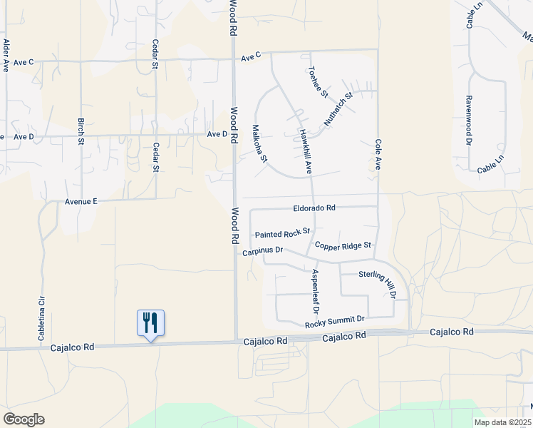 map of restaurants, bars, coffee shops, grocery stores, and more near 19105 Eldorado Road in Perris
