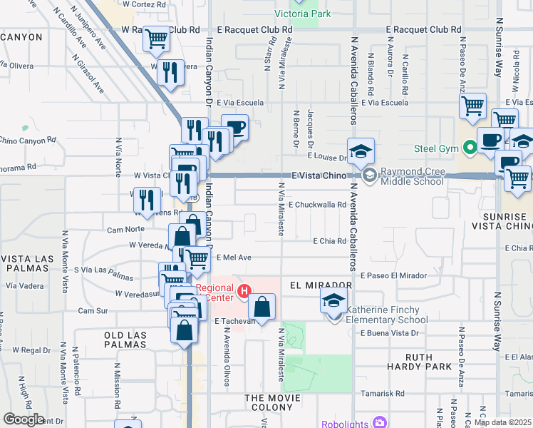map of restaurants, bars, coffee shops, grocery stores, and more near 463 East Chuckwalla Road in Palm Springs