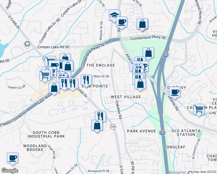 map of restaurants, bars, coffee shops, grocery stores, and more near 2040 Chelton Way Southeast in Smyrna