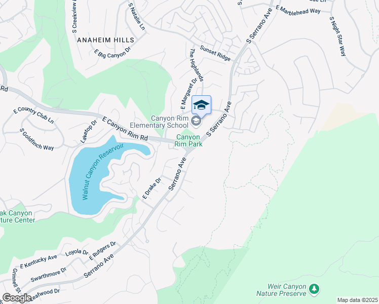 map of restaurants, bars, coffee shops, grocery stores, and more near E Canyon Rim Rd & S Serrano Ave in Anaheim