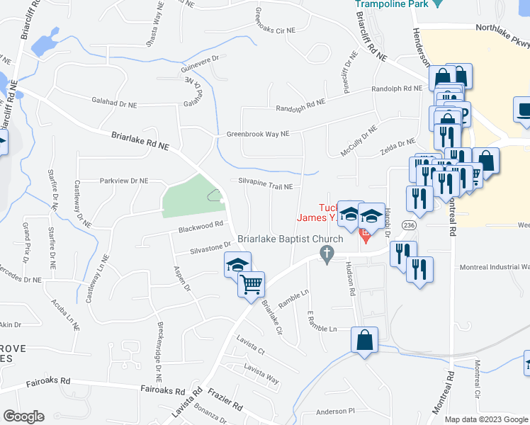 map of restaurants, bars, coffee shops, grocery stores, and more near 2021 Silvastone Drive in Atlanta