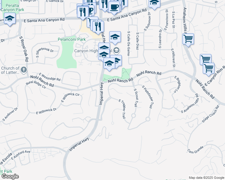 map of restaurants, bars, coffee shops, grocery stores, and more near 521 South Indian Trail in Anaheim