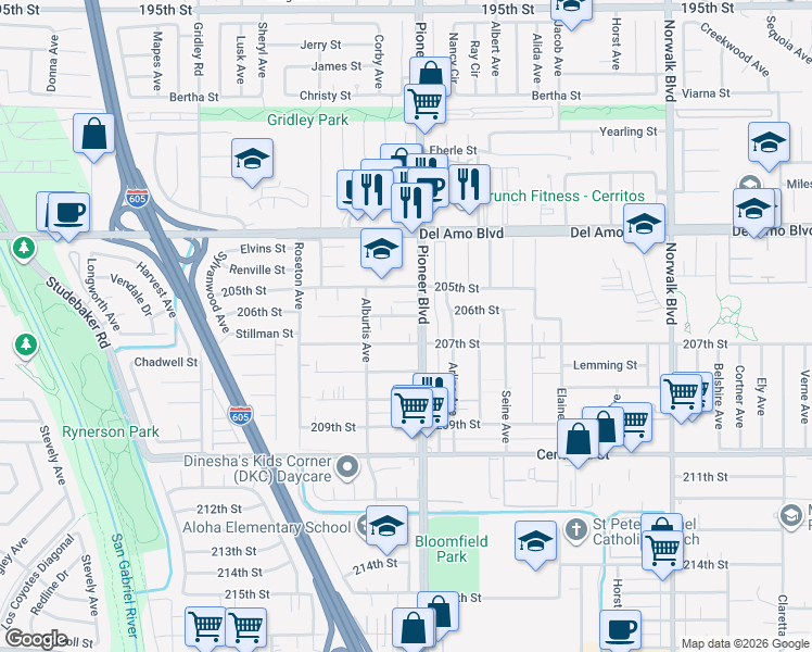 map of restaurants, bars, coffee shops, grocery stores, and more near 11764 206th Street in Lakewood