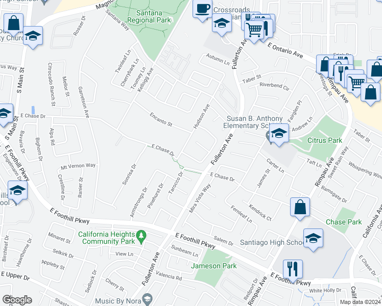 map of restaurants, bars, coffee shops, grocery stores, and more near 935 Armata Drive in Corona
