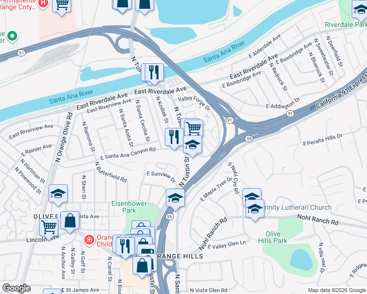 map of restaurants, bars, coffee shops, grocery stores, and more near 101 North Tustin Avenue in Anaheim