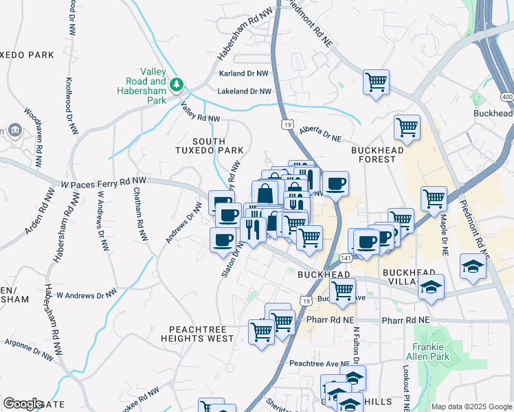 map of restaurants, bars, coffee shops, grocery stores, and more near 141 East Andrews Drive Northwest in Atlanta