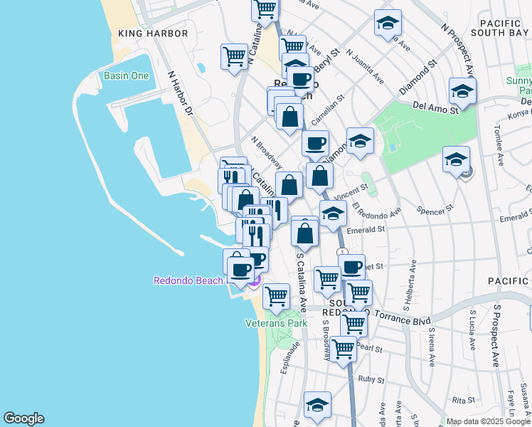 map of restaurants, bars, coffee shops, grocery stores, and more near in Redondo Beach