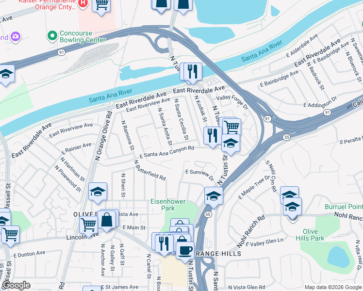 map of restaurants, bars, coffee shops, grocery stores, and more near 1550 East Baldwin Avenue in Orange