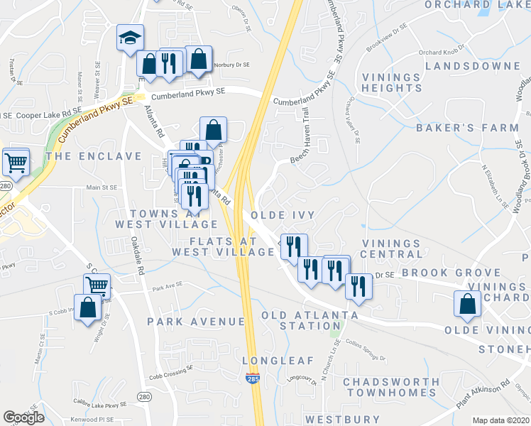 map of restaurants, bars, coffee shops, grocery stores, and more near 4667 Ivy Gate Circle Southeast in Atlanta