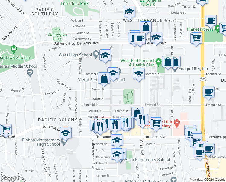 map of restaurants, bars, coffee shops, grocery stores, and more near 20604 Victor Street in Torrance