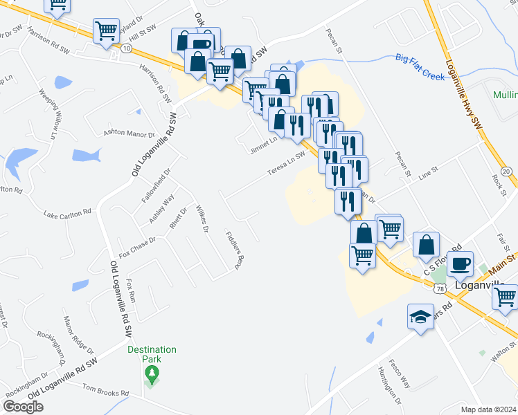 map of restaurants, bars, coffee shops, grocery stores, and more near 241 Randy Road Southwest in Loganville