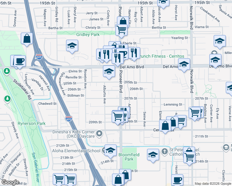 map of restaurants, bars, coffee shops, grocery stores, and more near 11764 206th Street in Lakewood
