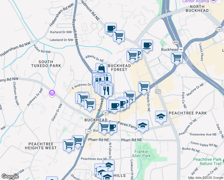 map of restaurants, bars, coffee shops, grocery stores, and more near 3227 Roswell Road Northeast in Atlanta