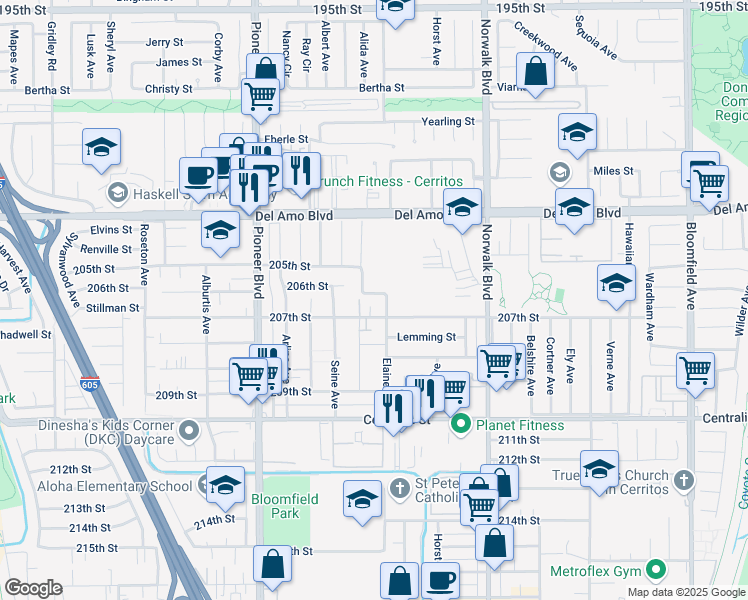 map of restaurants, bars, coffee shops, grocery stores, and more near 11944 206th Street in Lakewood