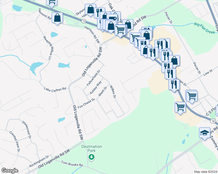 map of restaurants, bars, coffee shops, grocery stores, and more near 424 Rhett Drive in Loganville