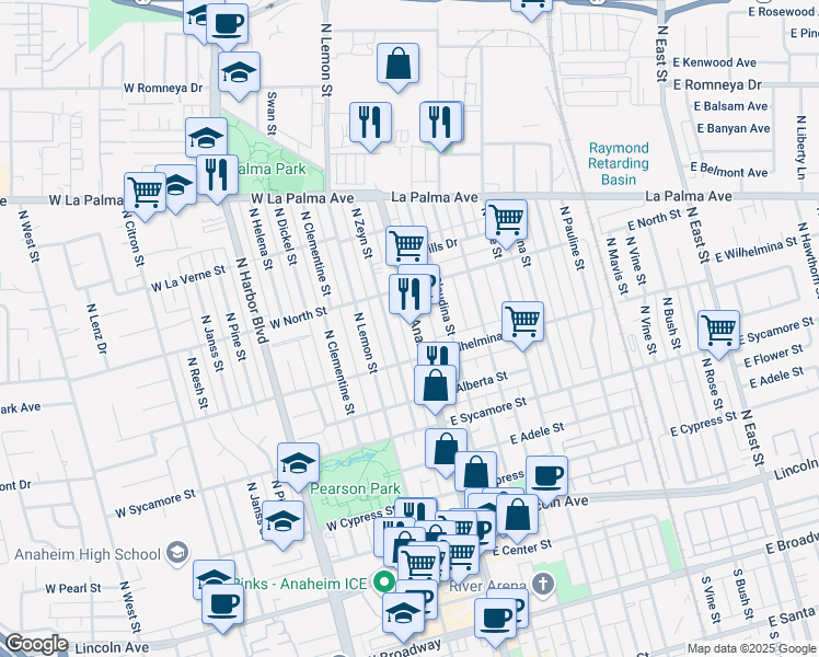 map of restaurants, bars, coffee shops, grocery stores, and more near 727 North Anaheim Boulevard in Anaheim