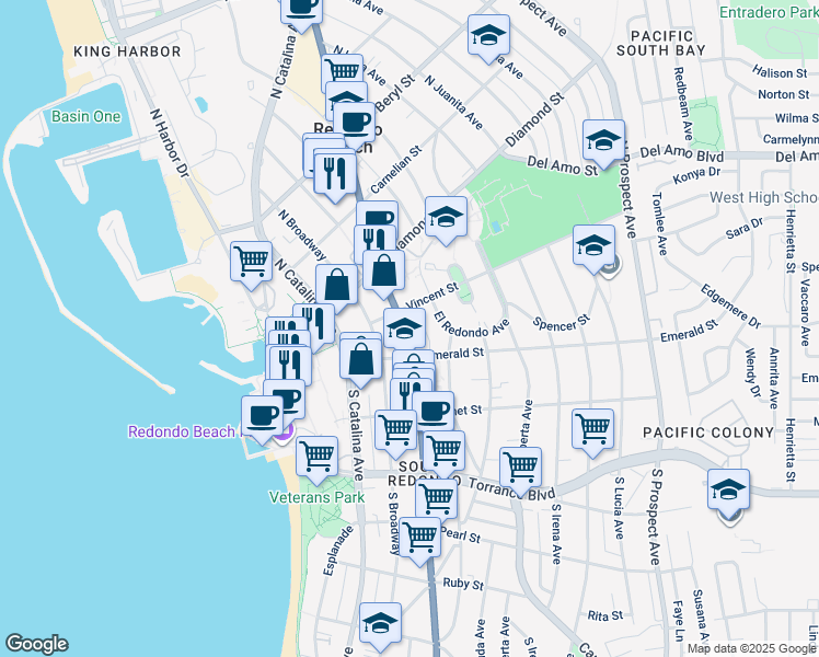 map of restaurants, bars, coffee shops, grocery stores, and more near 122 California 1 in Redondo Beach