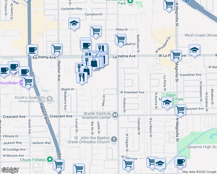 map of restaurants, bars, coffee shops, grocery stores, and more near 8439 Venus Drive in Buena Park