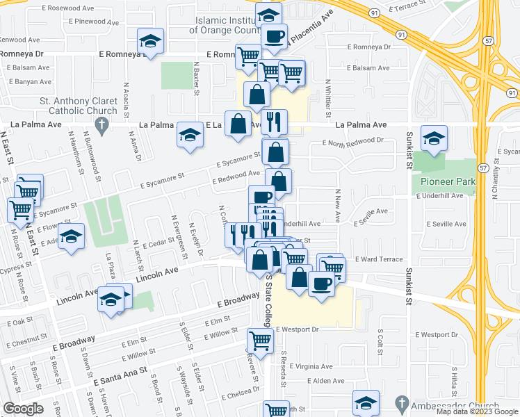 map of restaurants, bars, coffee shops, grocery stores, and more near 225 North State College Boulevard in Anaheim