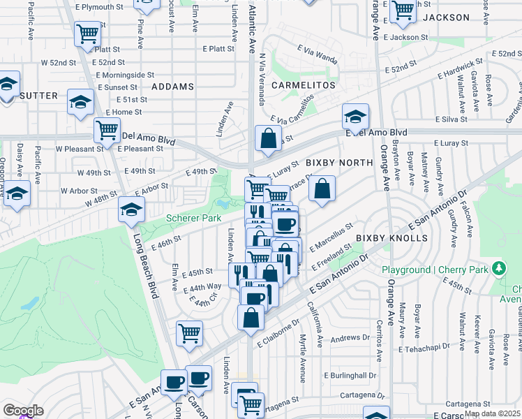 map of restaurants, bars, coffee shops, grocery stores, and more near 651 East 46th Street in Long Beach