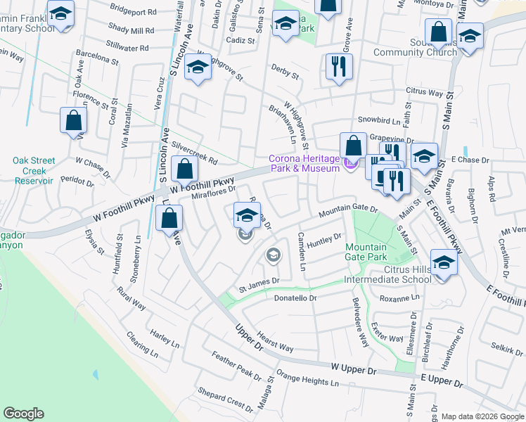 map of restaurants, bars, coffee shops, grocery stores, and more near 3215 Rowena Drive in Corona
