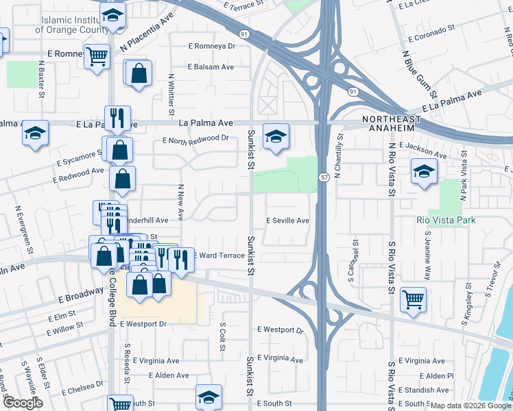 map of restaurants, bars, coffee shops, grocery stores, and more near 213 North Sunkist Street in Anaheim