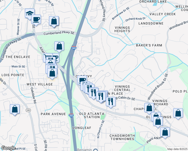map of restaurants, bars, coffee shops, grocery stores, and more near 4784 Ivy Ridge Drive Southeast in Atlanta
