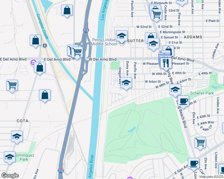 map of restaurants, bars, coffee shops, grocery stores, and more near 230 West 48th Street in Long Beach